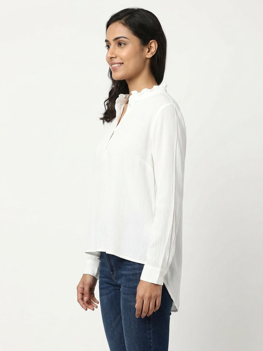 Women's White Textured Solid Long Sleeve Top