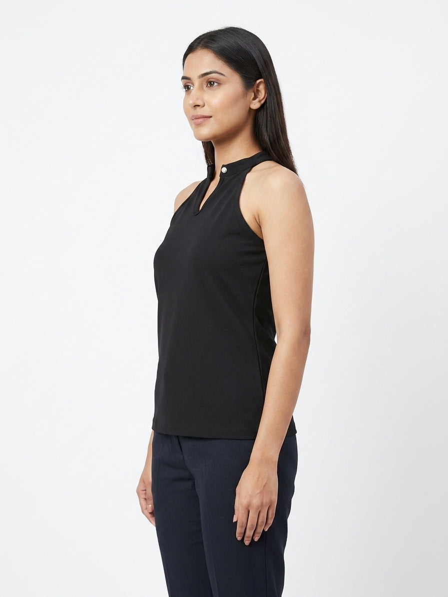 Black Solid Halter Neck Sleeveless Top