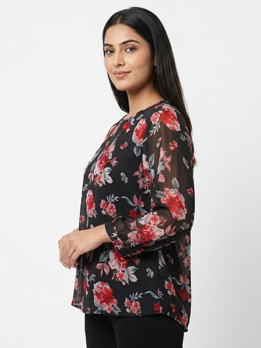 Black Floral Print Regular Fit Top