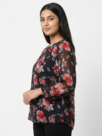 Black Floral Print Regular Fit Top