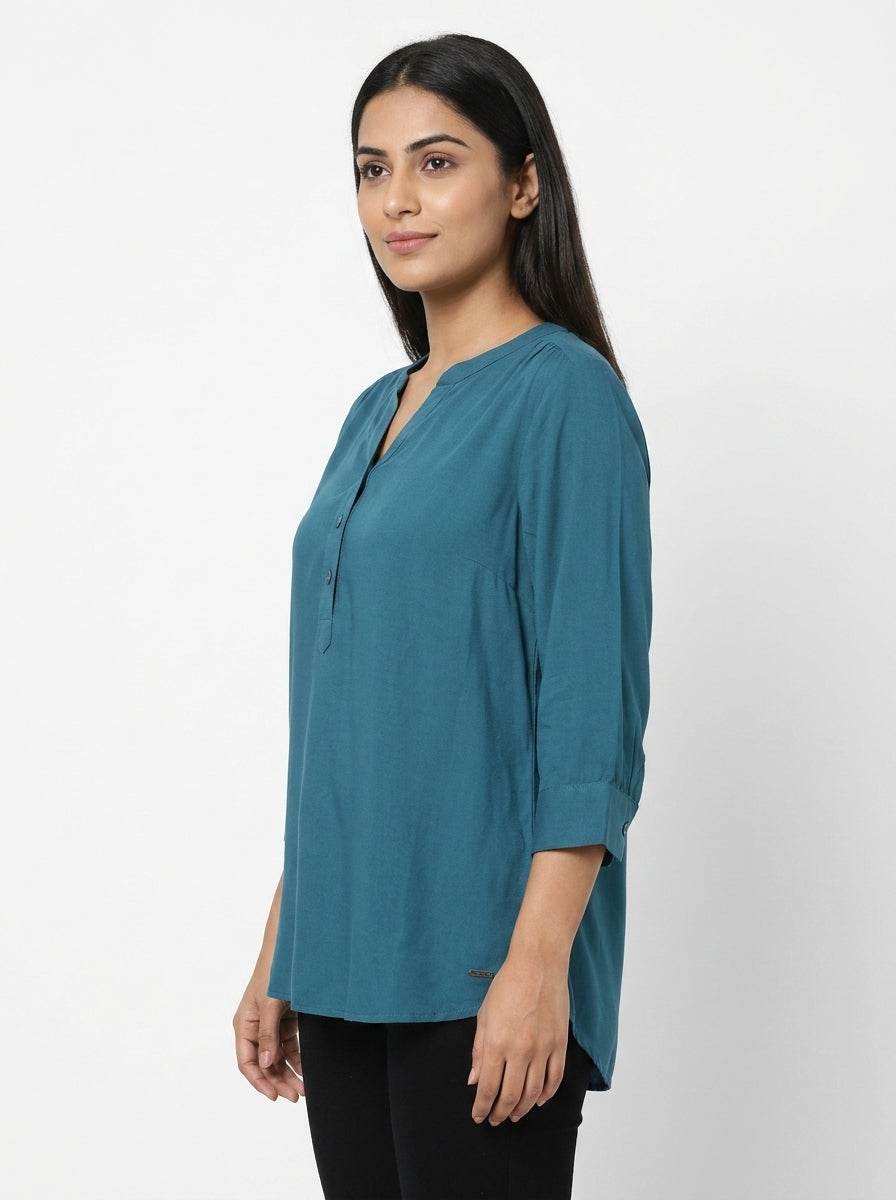 Women's Teal Crinkled Relaxed Fit Tunic Top