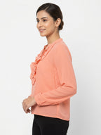 Peach Ruffle Neck Full Sleeve Top