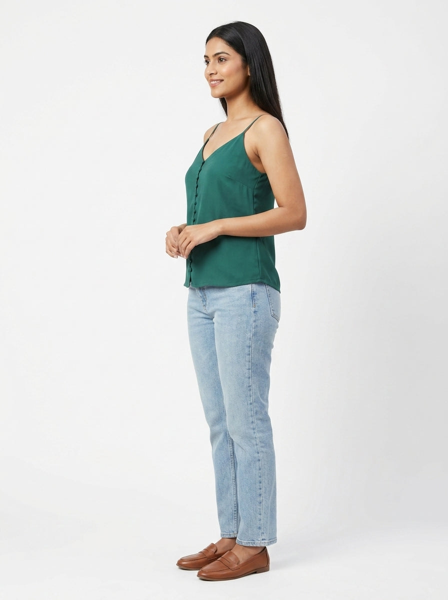 Green Solid V-Neck Cami Top with Button Detail
