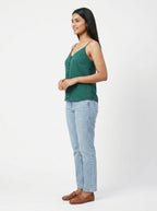 Green Solid V-Neck Cami Top with Button Detail