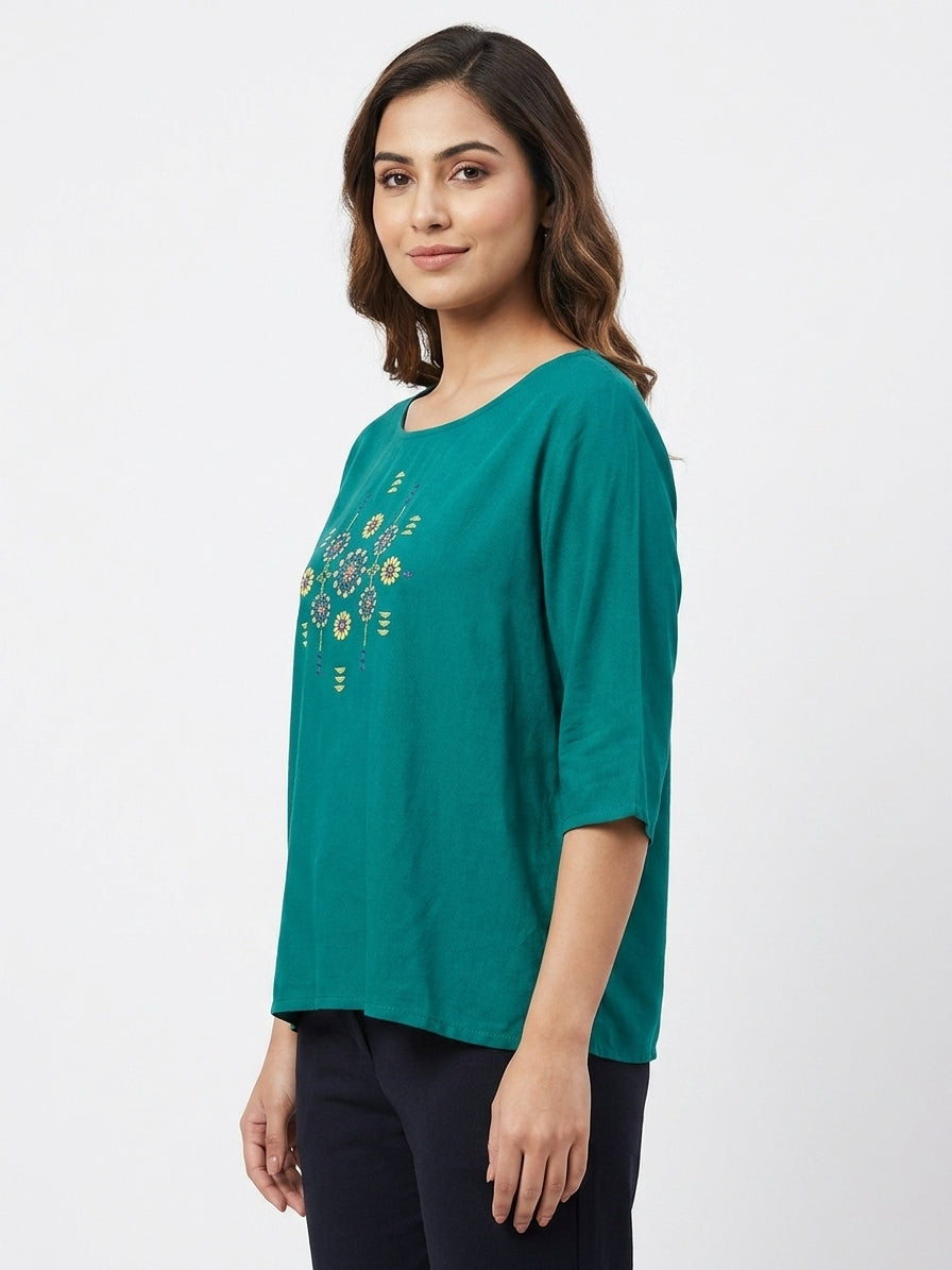 Green Ethnic Print Regular Fit Top