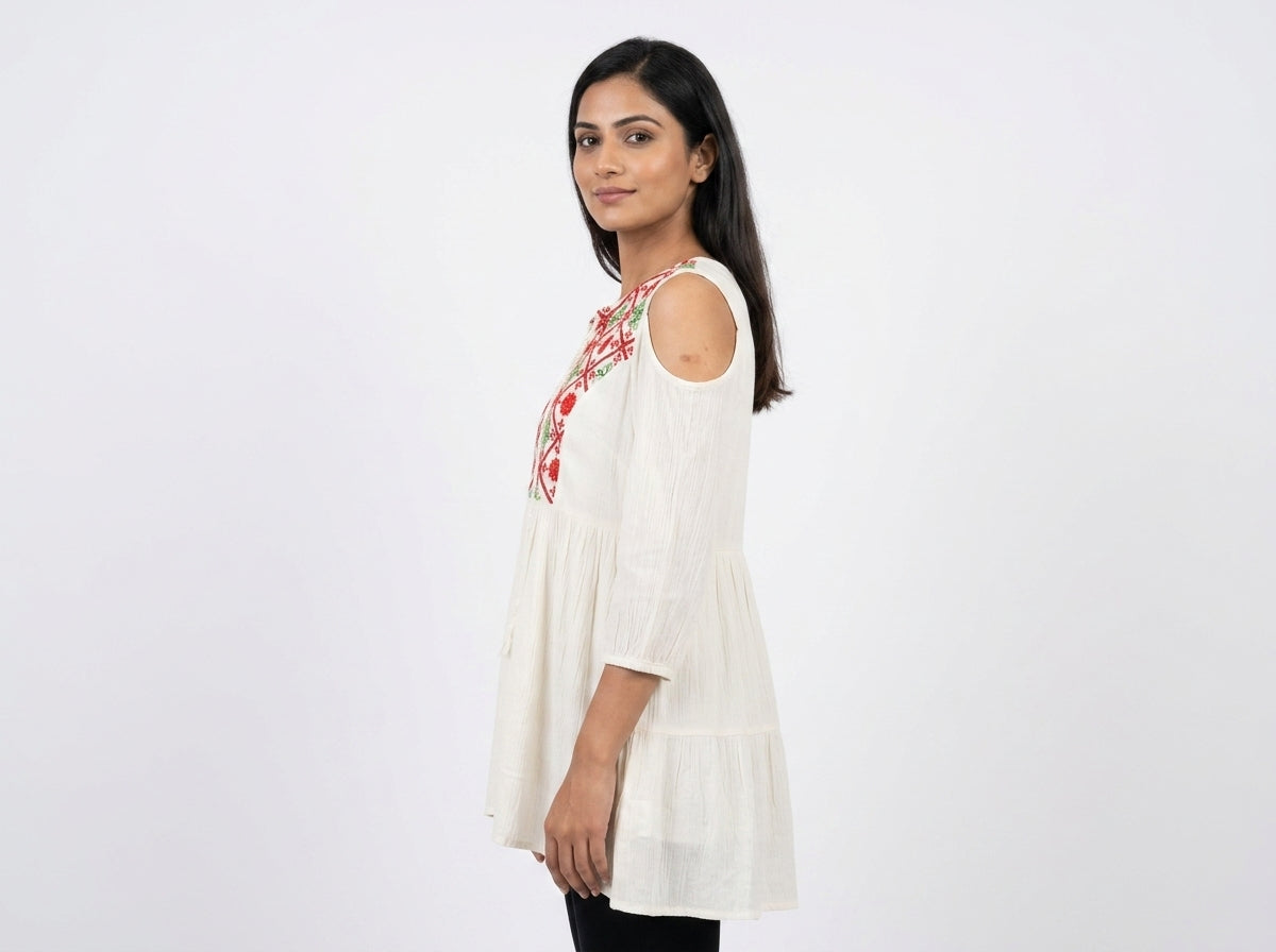 Off White Ethnic Print Embellished Kurti