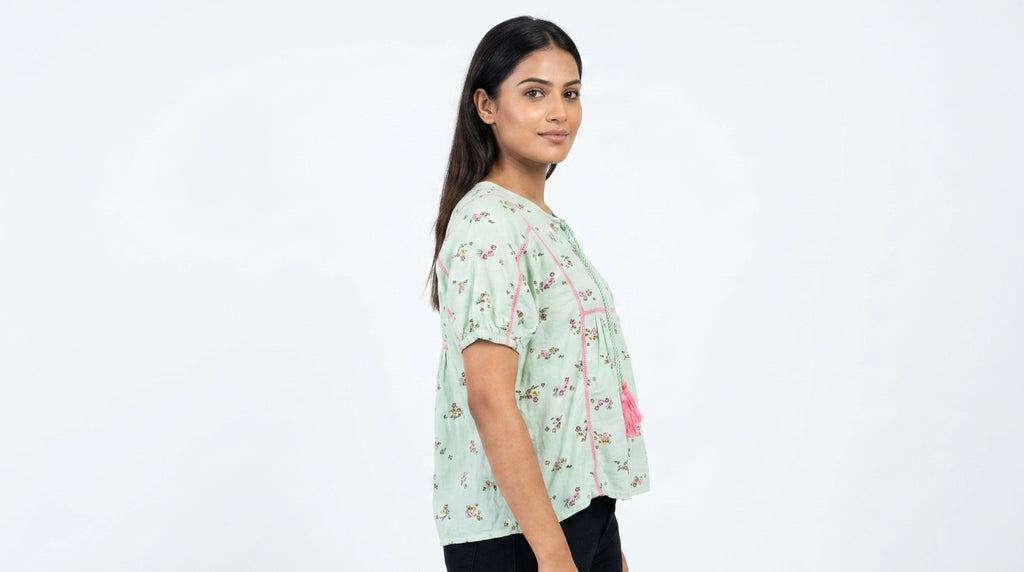 Light Green Floral Print Casual Top with Tassels