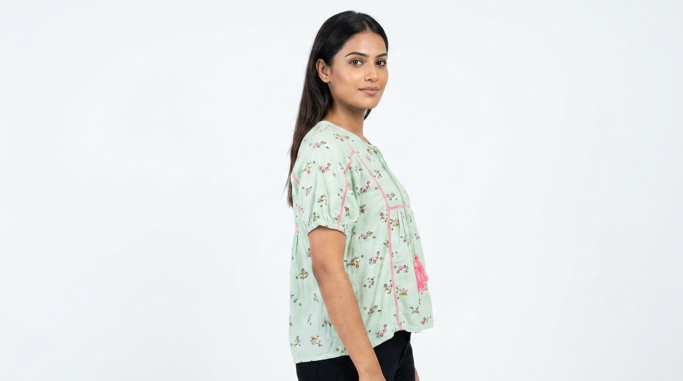 Light Green Floral Print Casual Top with Tassels