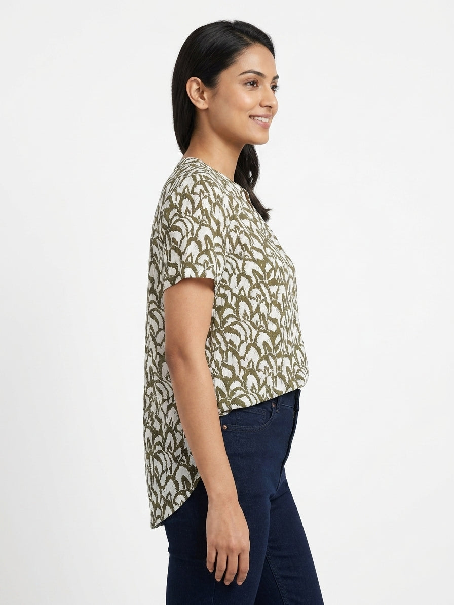 Women's Dark Olive and White Printed Relaxed Fit Top