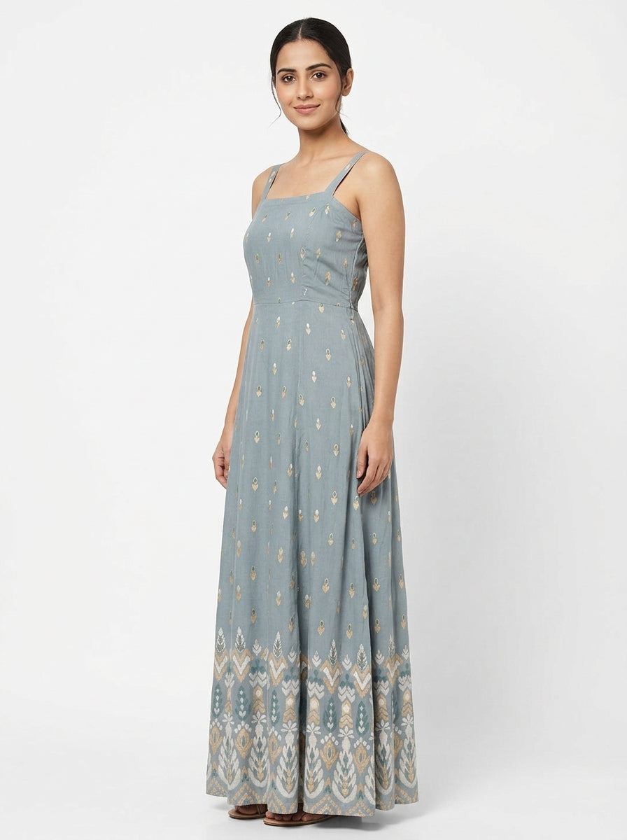 Light Grey Ethnic Print Flared Maxi Dress
