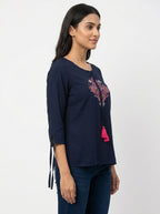 Women's Navy Blue Embroidered Top with Tassels