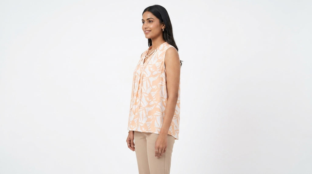 Peach and White Printed Sleeveless Relaxed Fit Top
