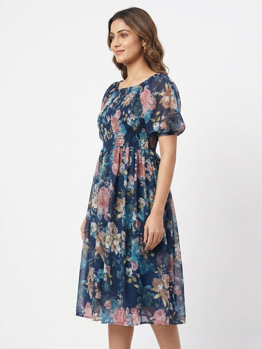 Navy Blue Floral Printed Flared Dress
