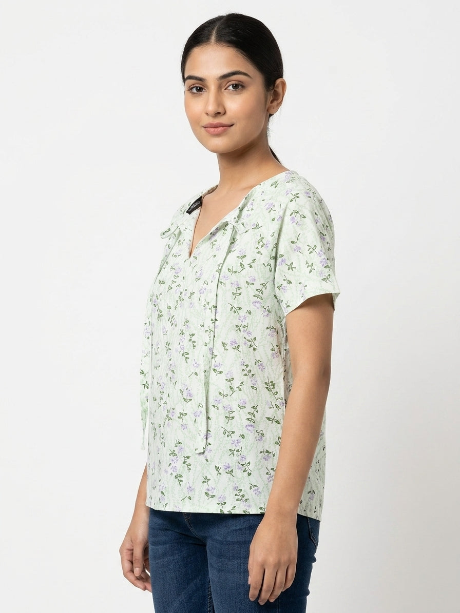 Light Green Floral Print V-Neck Regular Fit Top