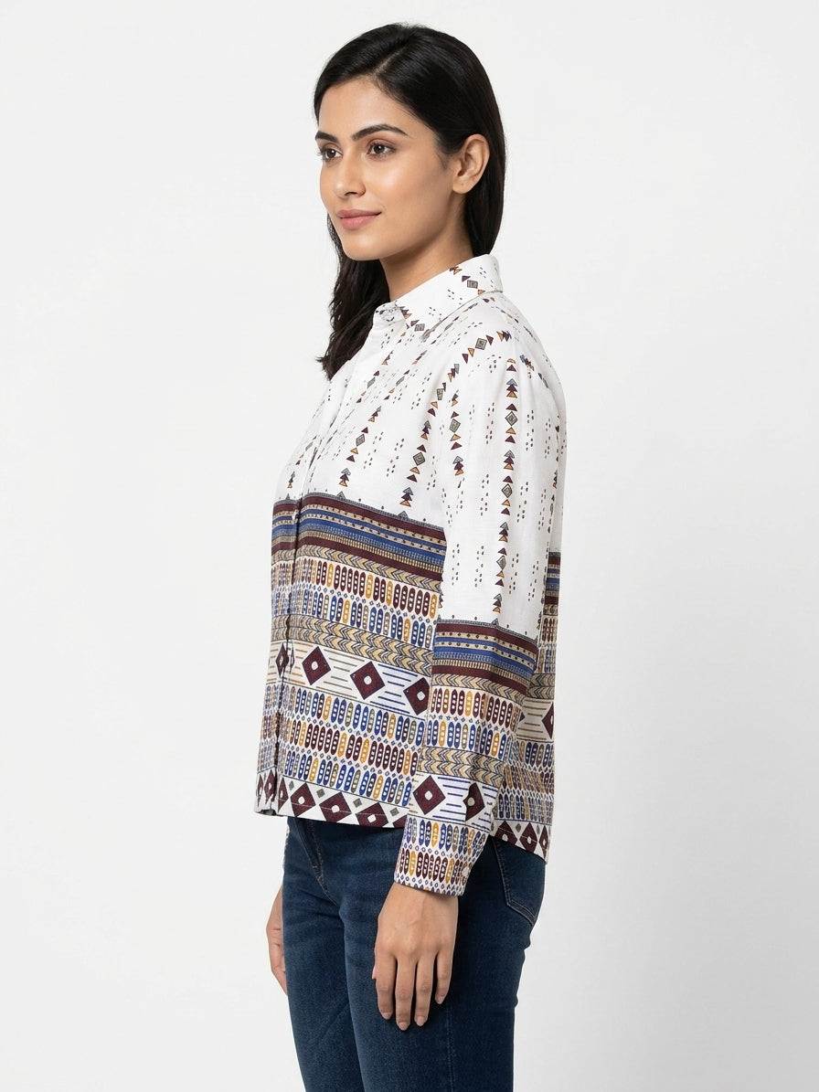 White Ethnic Print Regular Fit Shirt