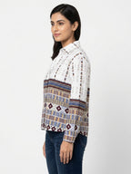 White Ethnic Print Regular Fit Shirt