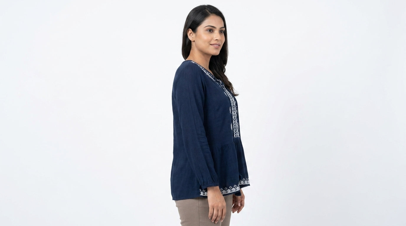 Women's Navy Embroidered V-Neck Top
