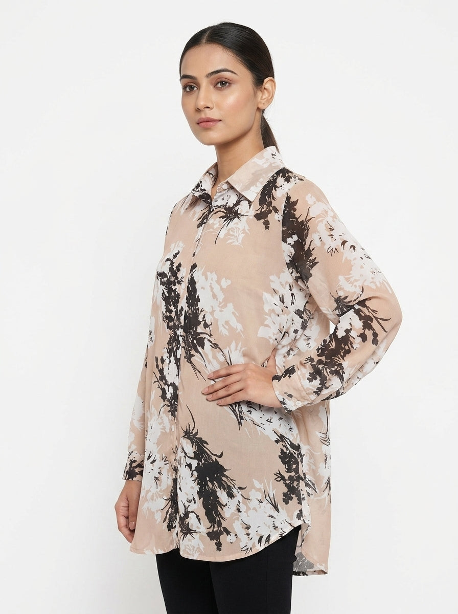 Women's Beige Floral Print Relaxed Fit Casual Shirt