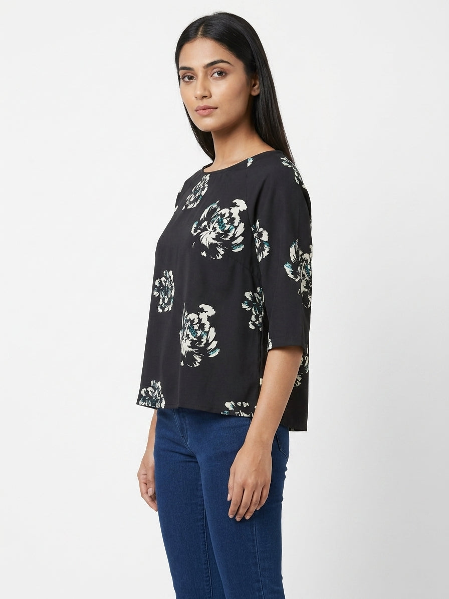 Women's Black Floral Print Boat Neck Top