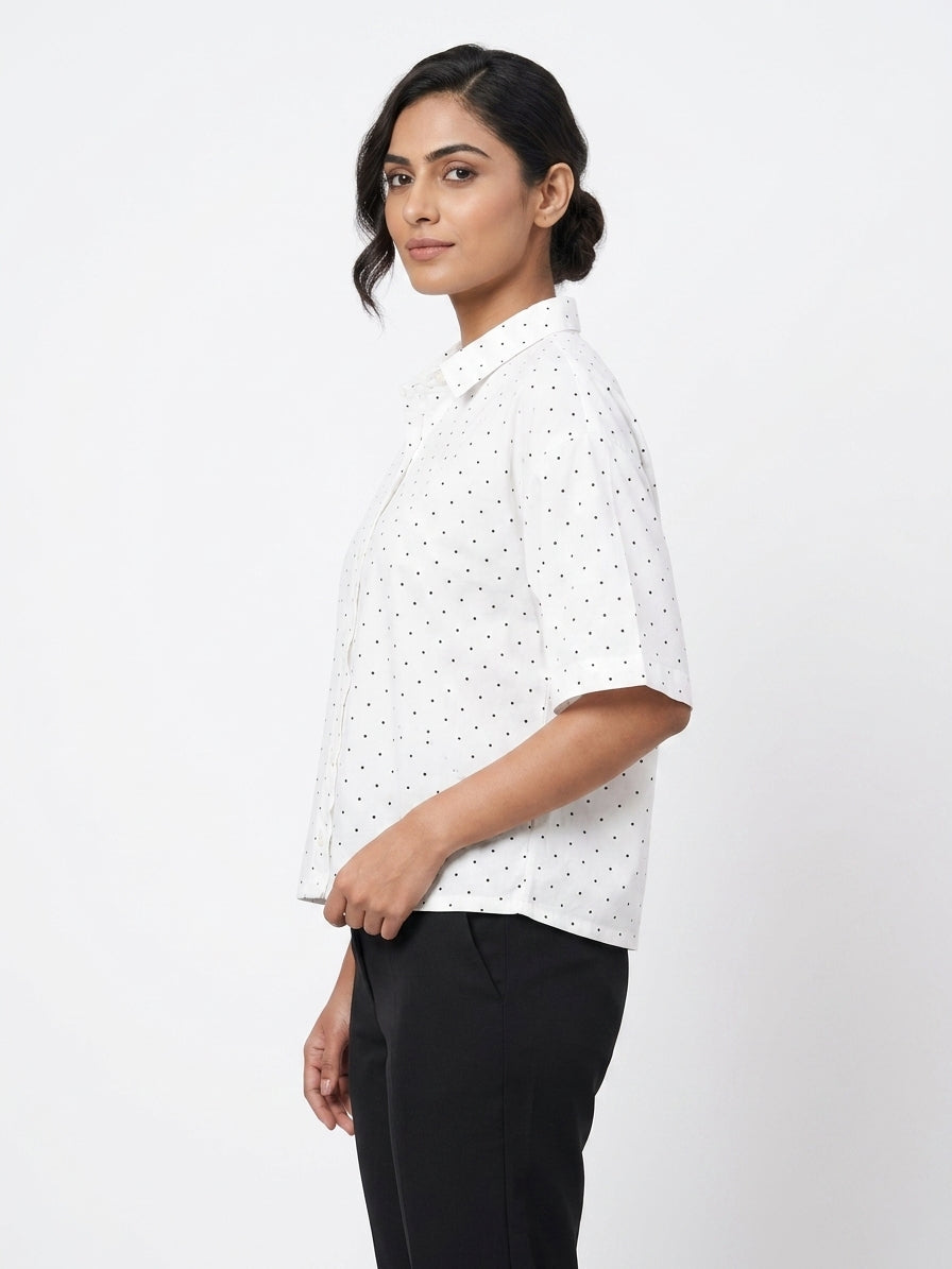 White Polka Dot Regular Fit Casual Shirt