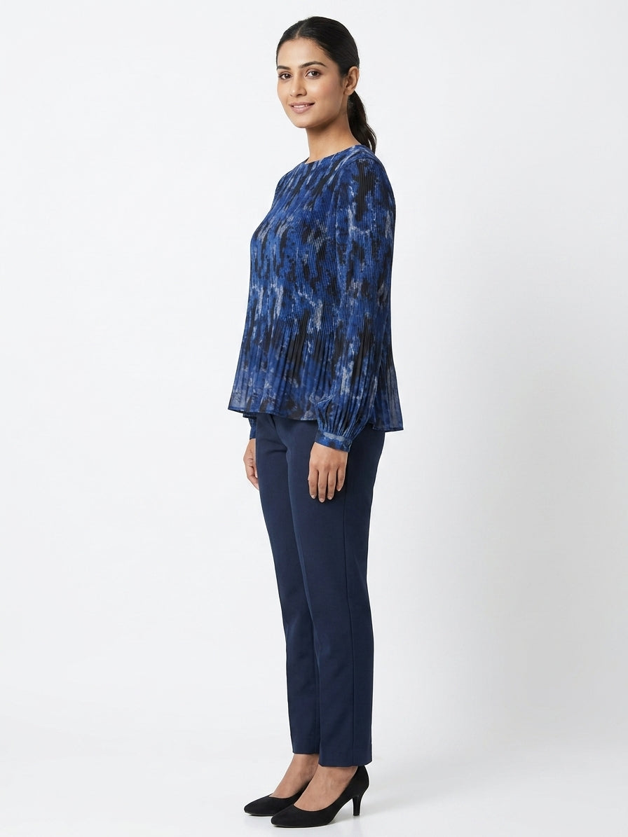 Women's Blue Abstract Print Pleated Top