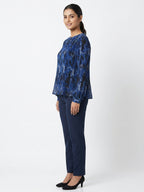 Women's Blue Abstract Print Pleated Top