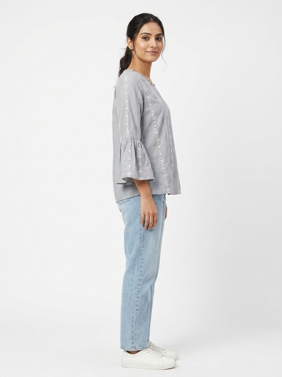 Women's Grey Embroidered Round Neck Top