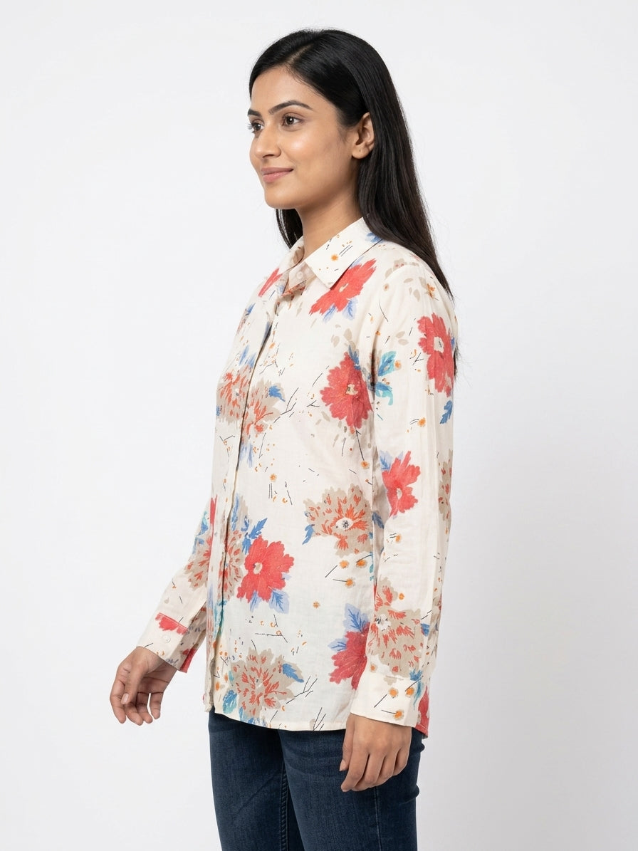 Off White Floral Printed Casual Shirt