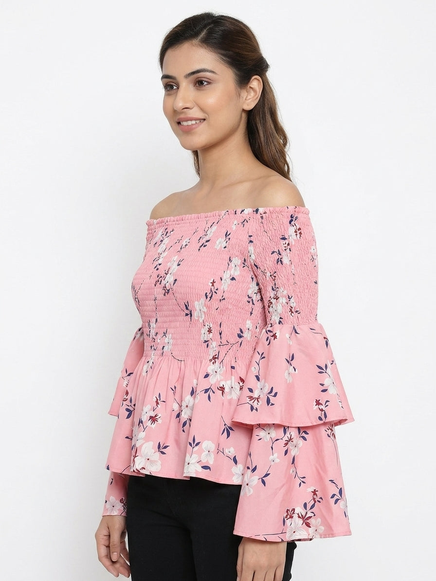Pink Floral Printed Smocked Off-Shoulder Top