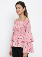 Pink Floral Printed Smocked Off-Shoulder Top