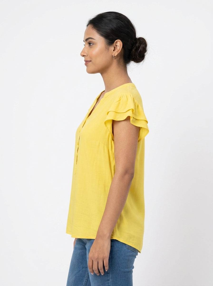 Solid Yellow V-Neck Casual Top