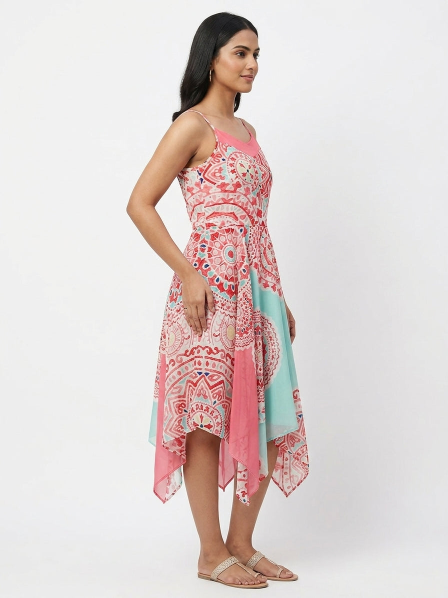 Women's Multi-Color Ethnic Print Flared Asymmetrical Dress