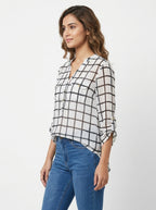 White & Black Checkered Long Sleeve Top