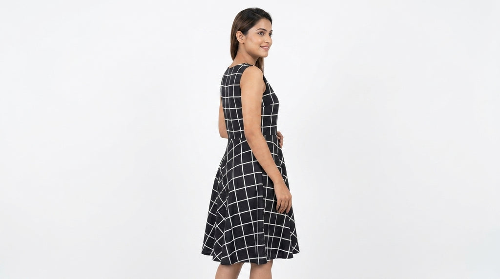 Black and White Checkered Flared Dress