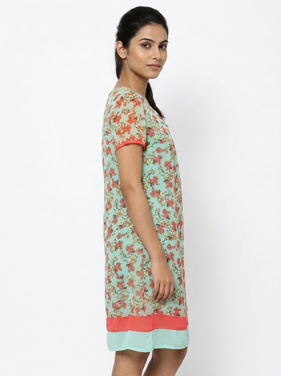 Sea Green Floral Printed Straight Fit Dress