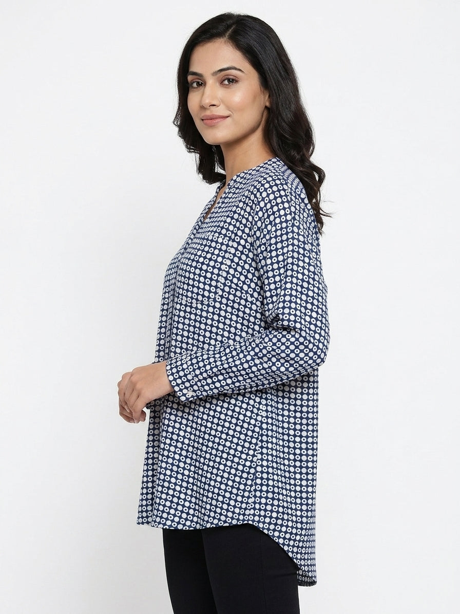 Women's Dark Blue Geometric Printed Long Sleeve Tunic Top