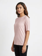 Pink Ribbed Half-Sleeve Casual Top