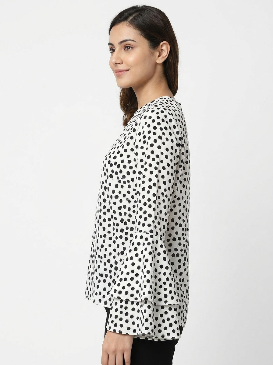 Women's White Polka Dot Full Sleeve Top
