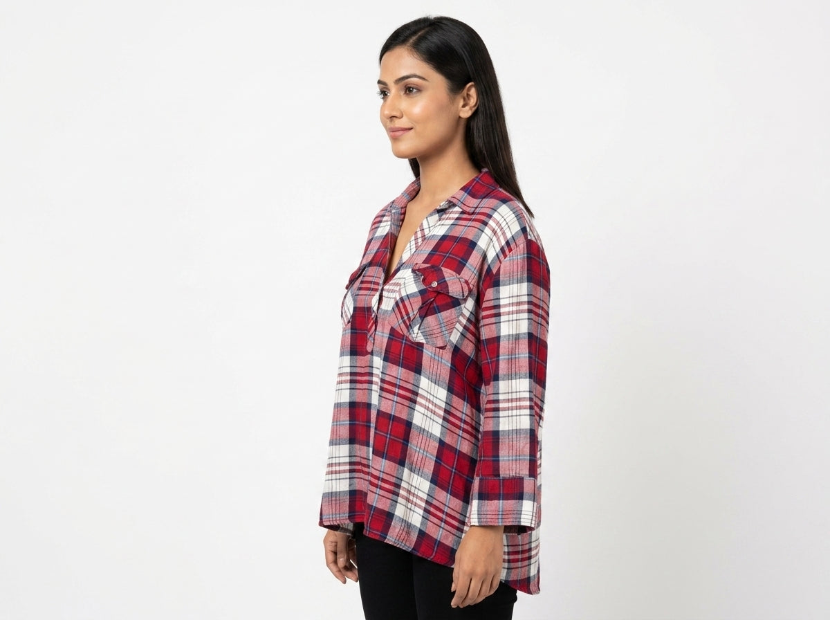 Red & White Plaid Relaxed Fit Casual Shirt