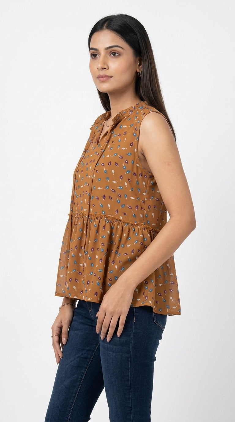 Camel Leaf Print Sleeveless Peplum Top