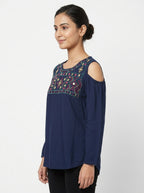 Women's Navy Blue Embellished Cut-Out Shoulder Top
