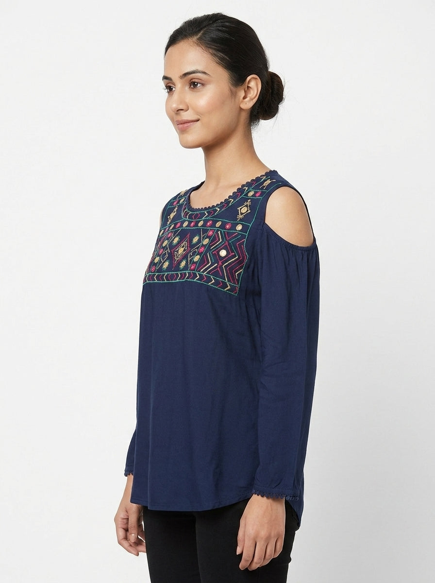 Women's Navy Blue Embellished Cut-Out Shoulder Top