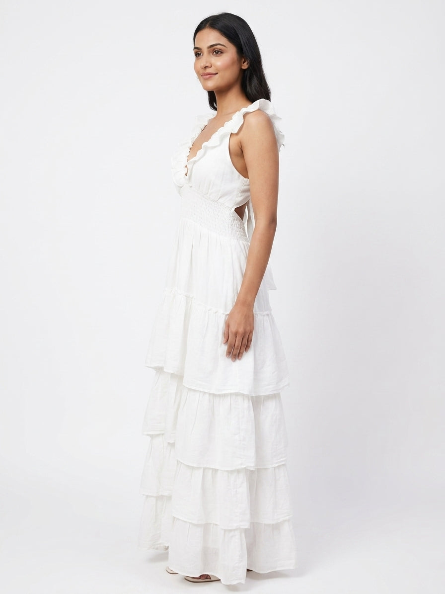 Women's White Ruffled Tiered Flared Maxi Dress