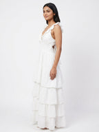 Women's White Ruffled Tiered Flared Maxi Dress