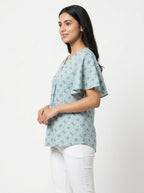 Women's Sea Green Geometric Print Flared Sleeve Top