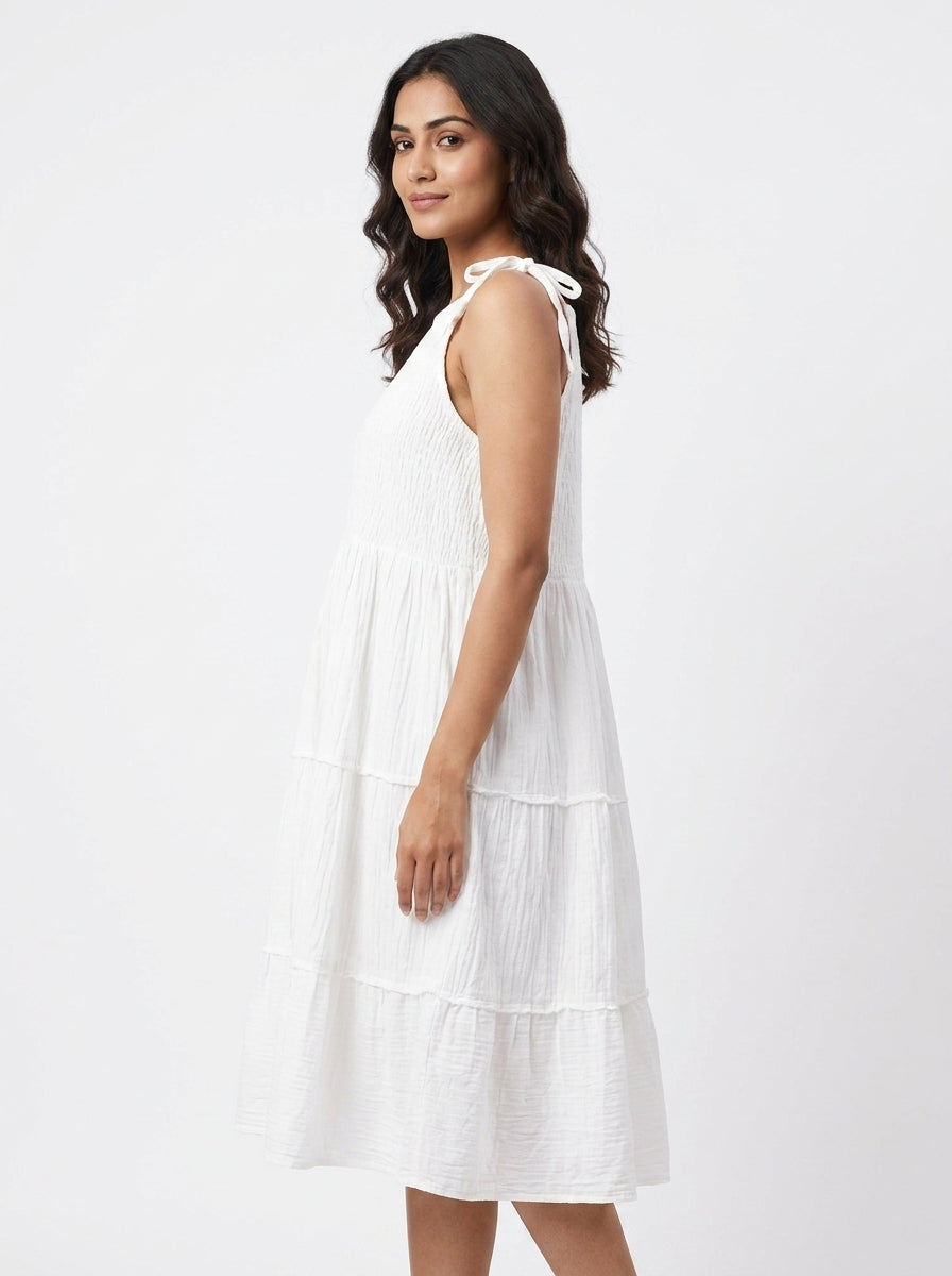 White Solid Relaxed Fit Tiered Sleeveless Dress