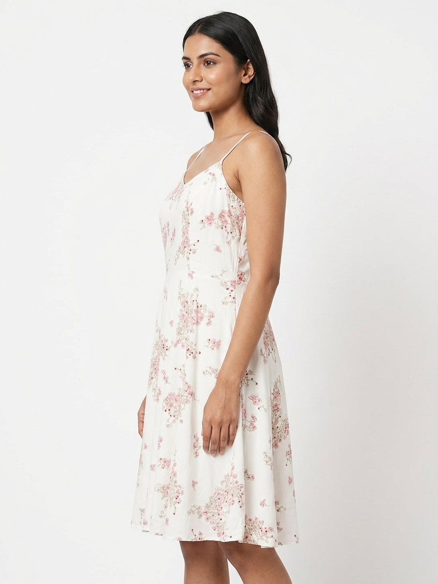 Off White Floral Print Flared Casual Dress