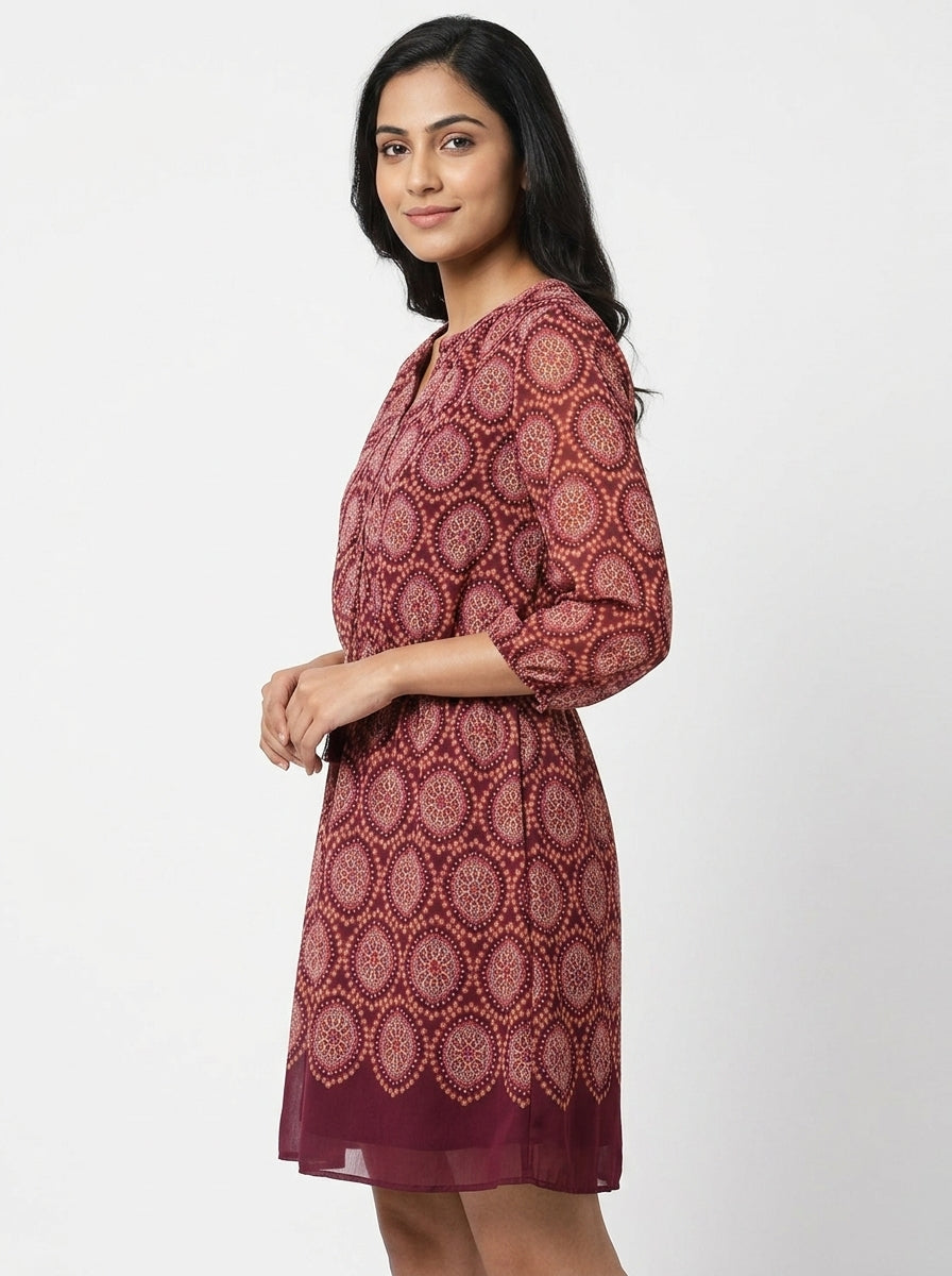 Women's Wine Ethnic Print Relaxed Fit Dress