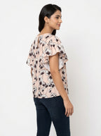 Peach Floral Printed Round Neck Flutter Sleeve Top