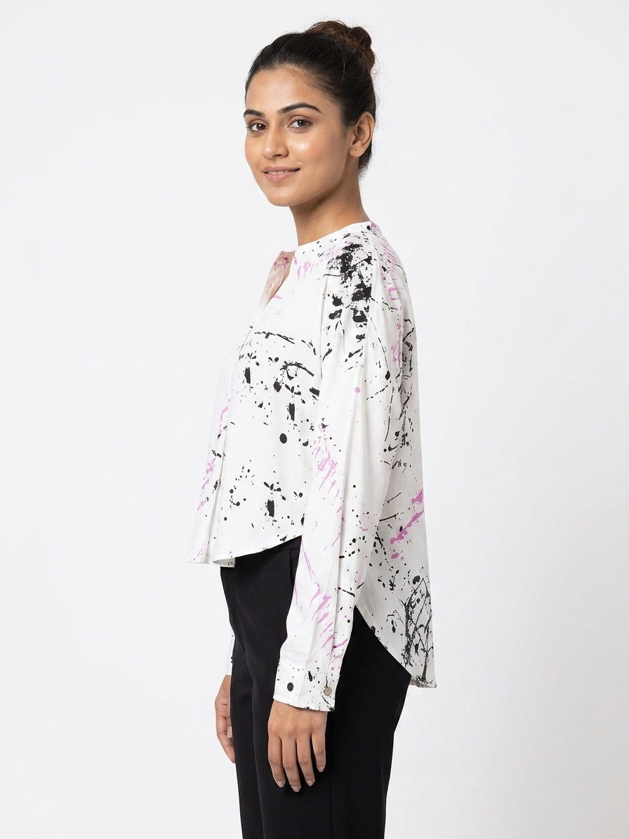 White Abstract Print Relaxed Fit Top